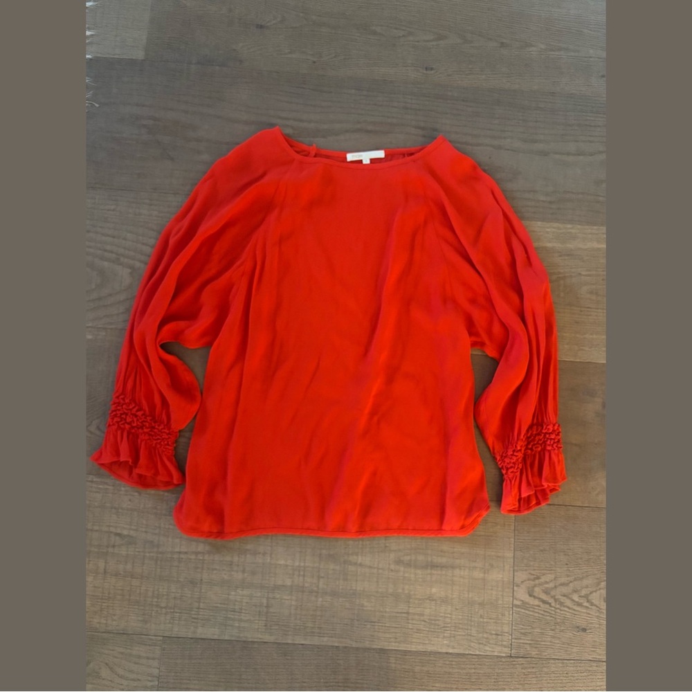 maje red ruched ruffle sleeve blouse top
